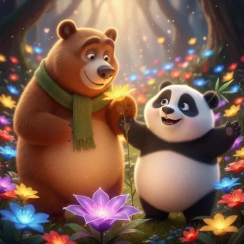 Ayı Yogi ve panda Recep, renkli çiçeklerle dolu ormanda mor bir çiçeğin yanında