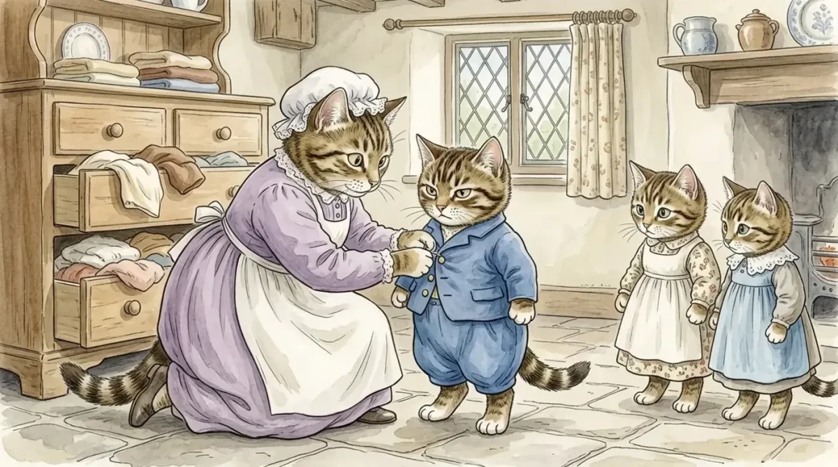 Bayan Tabitha Twitchit, Tom Kitten’a mavi takımını giydirirken iki kız kardeşi yanlarında duruyor.