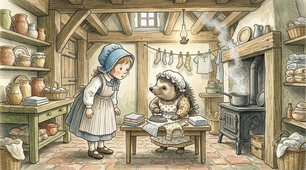 Lucie, tepenin içindeki ahşap kirişli mutfakta ütü yapan kirpi Bayan Tiggy-Winkle’ın yanında duruyor.
