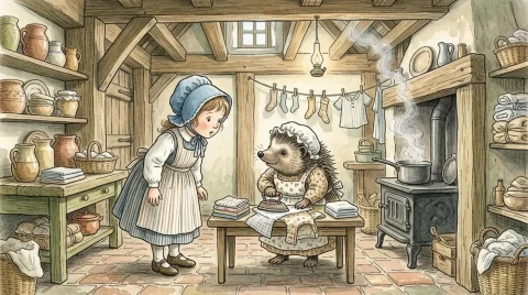 Lucie, tepenin içindeki ahşap kirişli mutfakta ütü yapan kirpi Bayan Tiggy-Winkle’ın yanında duruyor.