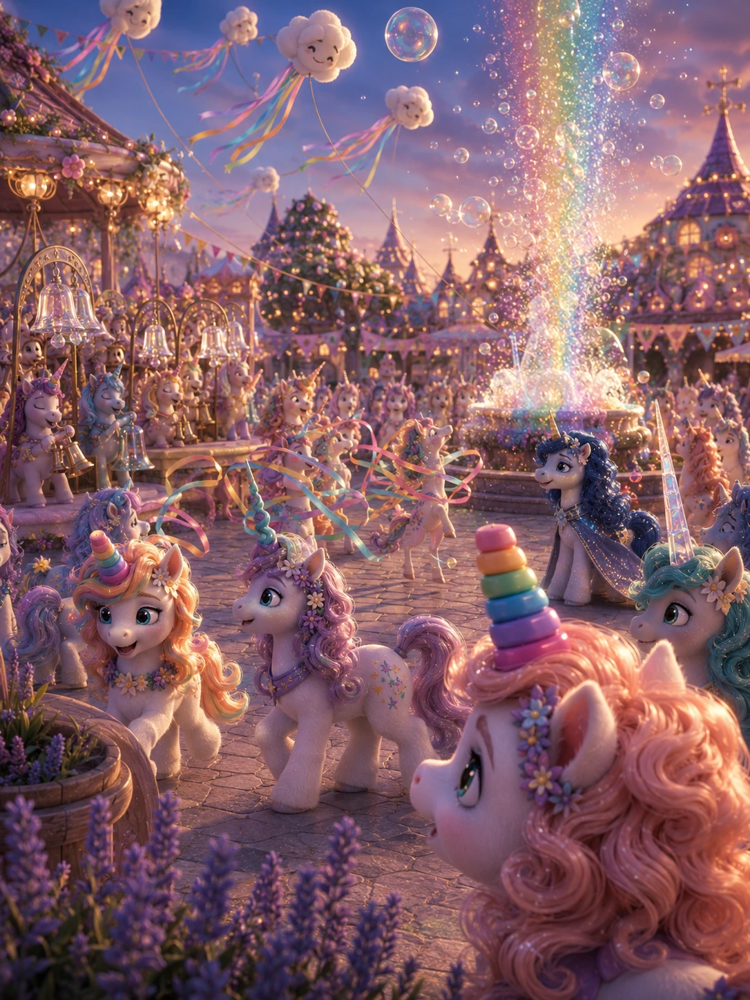 Solina, Boynuzlar Festivali’nde çeşitli boynuzlara sahip unicornları ve renkli meydanı izliyor.