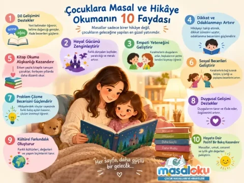 Çocuklara masal ve hikâye okumanın faydalarını anlatan infografik; bir ebeveyn çocukla birlikte resimli kitap okuyor.