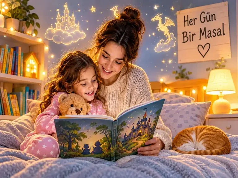 Yatakta birlikte resimli bir masal kitabı okuyan anne ve çocuk