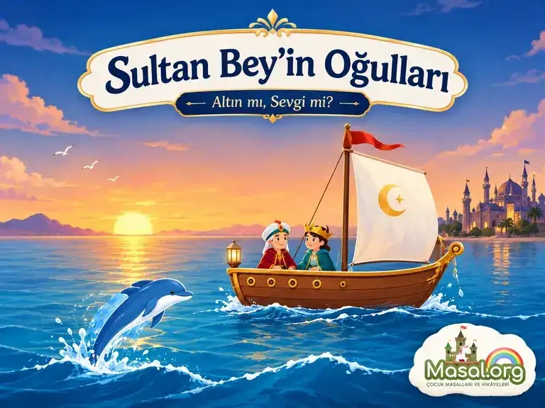 Deniz Prensesi ve Sultan Bey’in oğullarını anlatan masal görseli; denizde bir tekne ve yunus