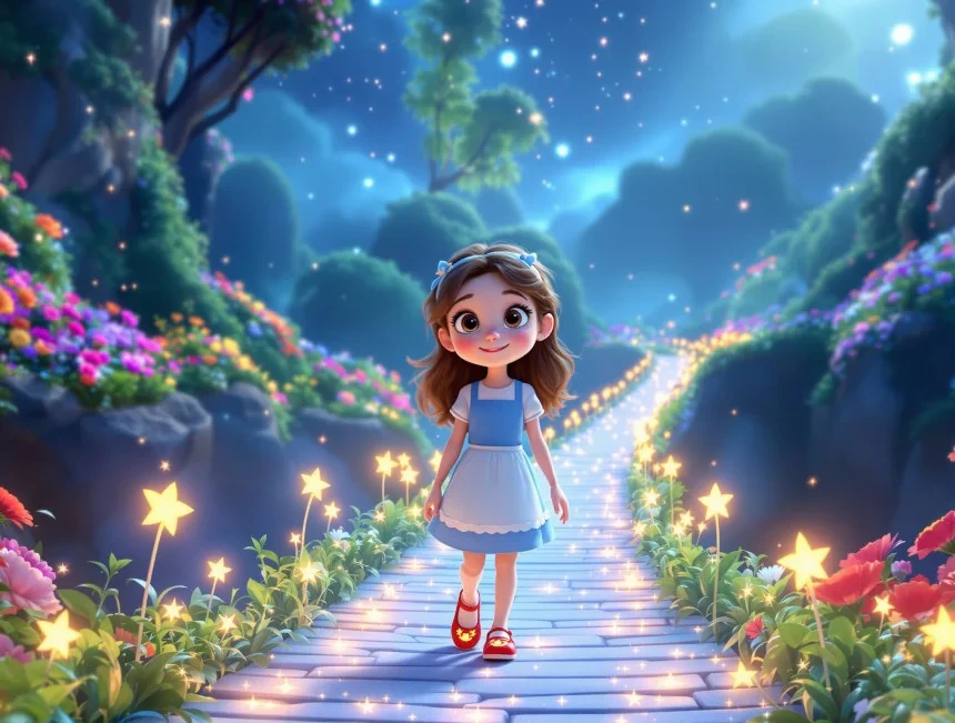 Elara, gece göğünün altında ışıklarla parlayan bir köprüde yürüyor.