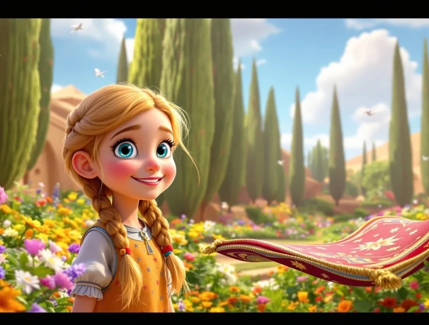 Elif, çiçeklerle dolu yeşil bir bahçede uçan halısının yanında duruyor.