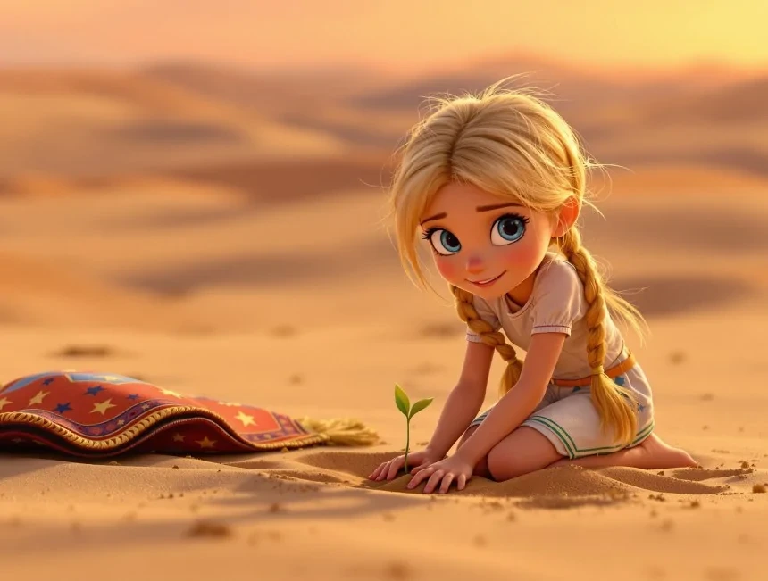 Elif, çölde diz çökerek kuma küçük bir filiz dikiyor.