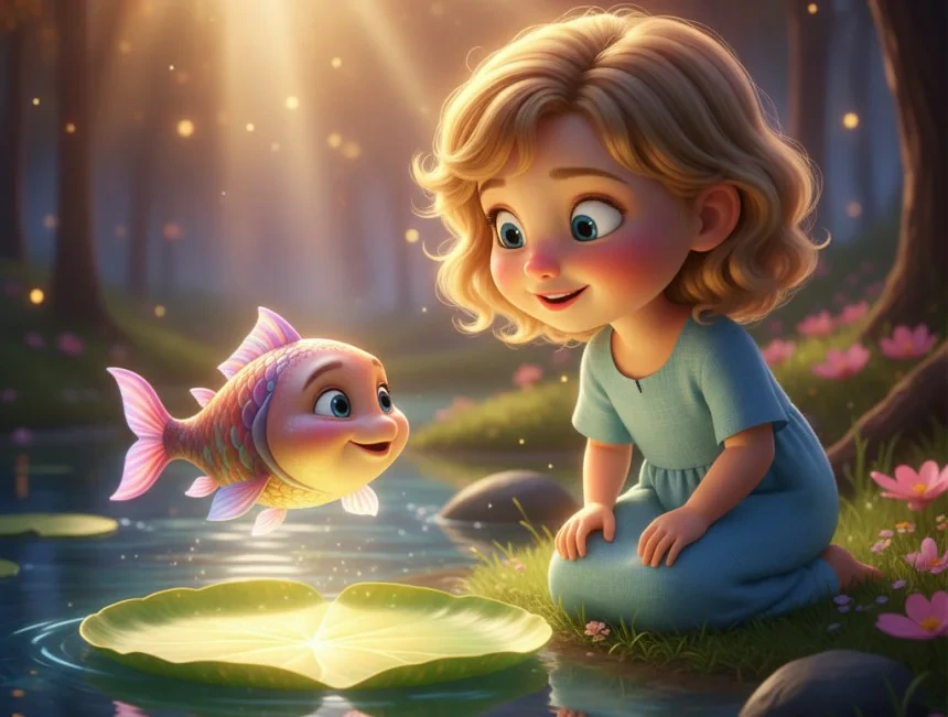 Elsa, göl kıyısında renkli balık ve parlayan nilüferle karşılaşıyor