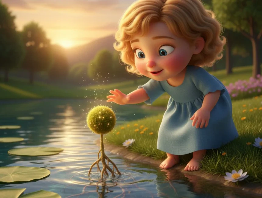 Elsa, göl kıyısında kökleri görünen ışıklı yosun topuna uzanıyor