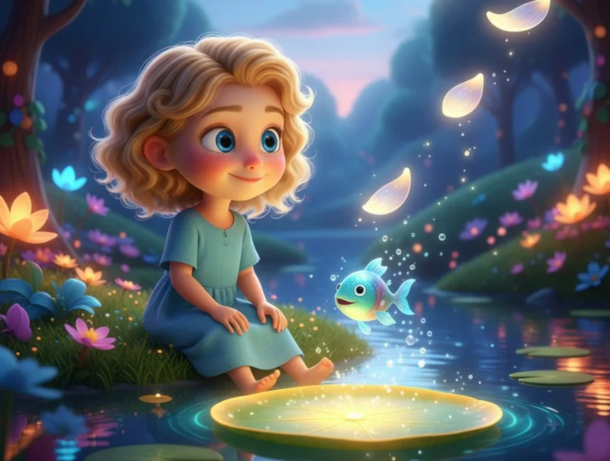 Elsa ve küçük balık, göl kıyısındaki ışıklı nilüferin yanında