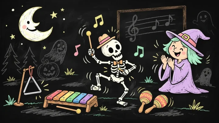 Şapkalı iskelet, cadı öğretmenin önünde dans ederken müzik aletleriyle ses çıkarıyor.