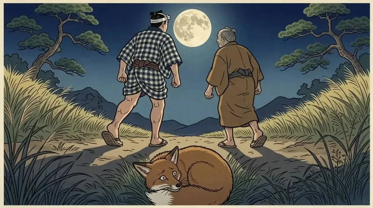 Gon otların arasına saklanırken Hyōjū ile Kasuke ay ışığında yolda yürüyor.