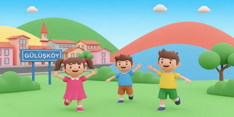 Gülüşköy tabelasının önünde neşeyle duran üç çocuk