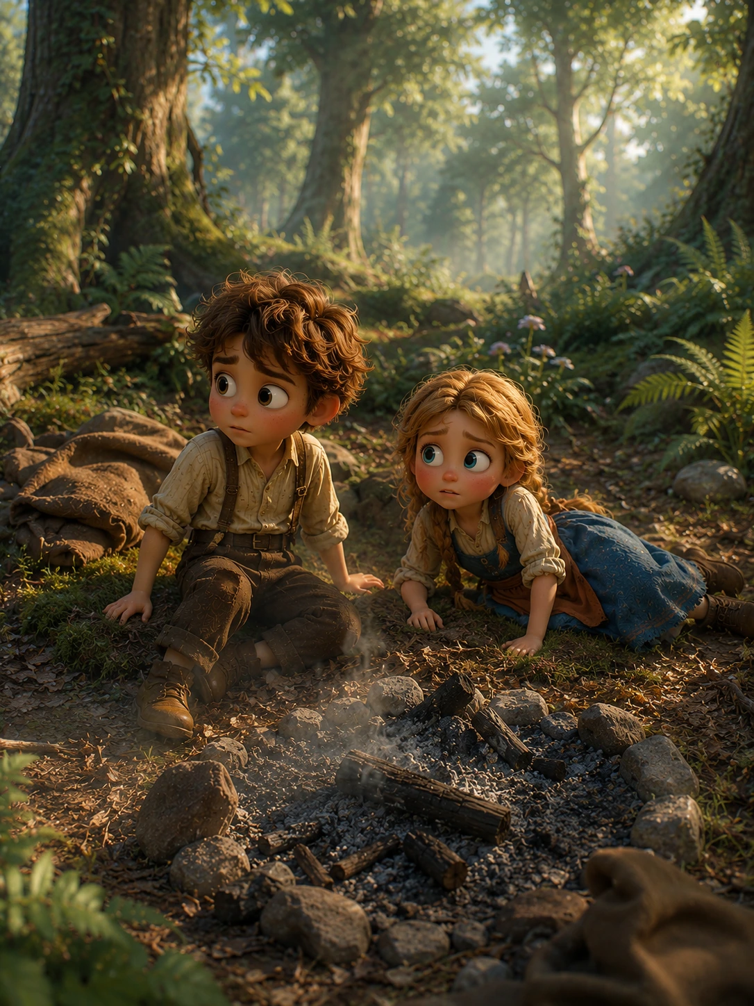 Hansel ile Gretel, orman zemininde sönmekte olan ateşin yanında oturuyor.