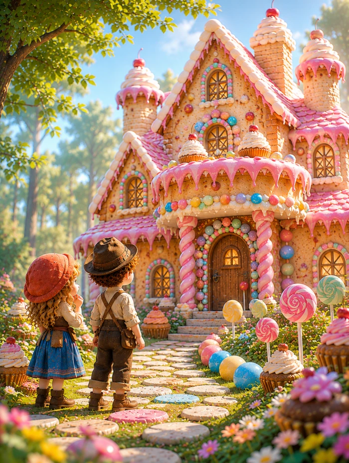 Hansel ve Gretel, rengârenk şekerlerle süslenmiş büyük bir evin önünde duruyor.