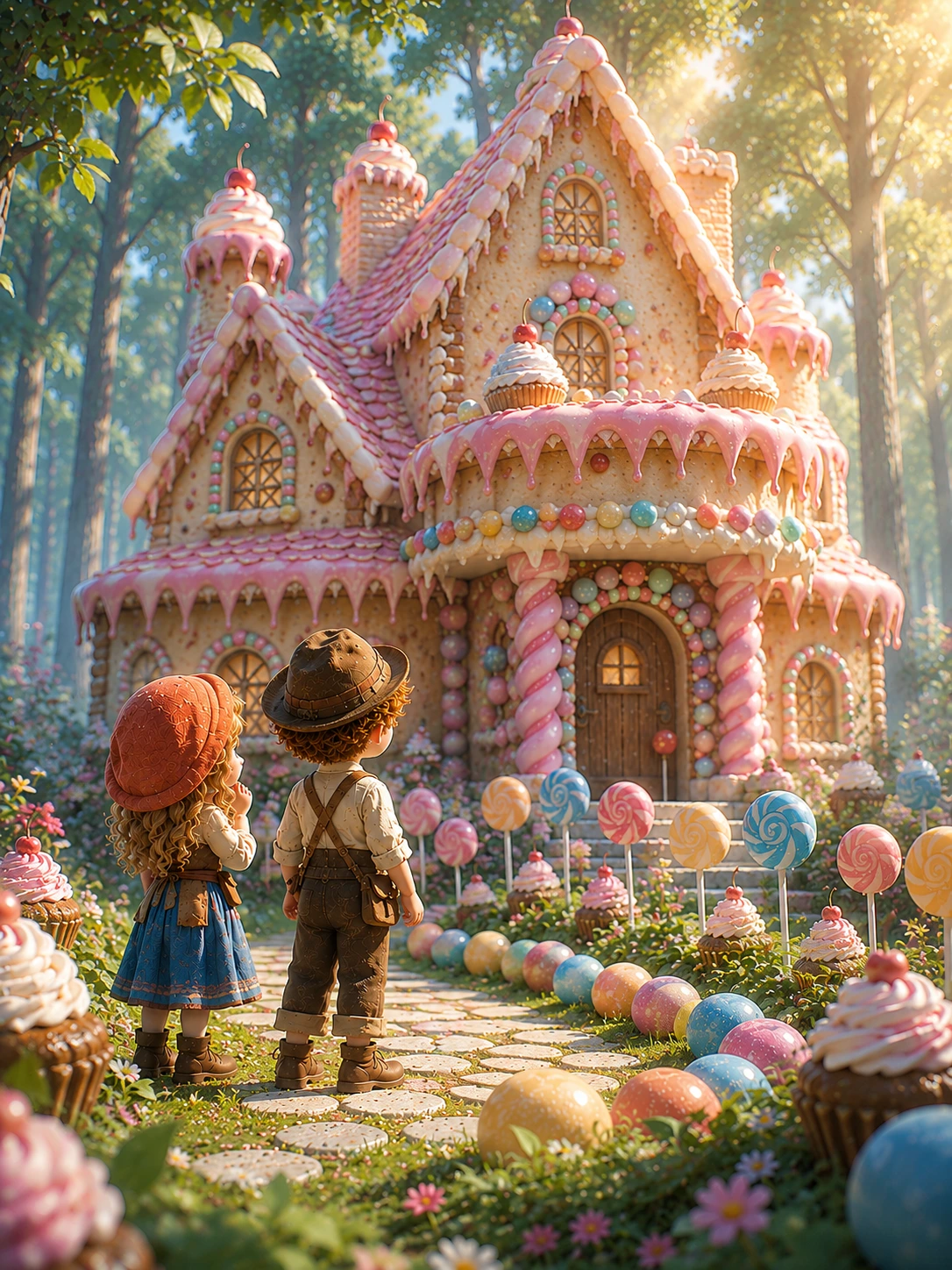 Hansel ile Gretel renkli şekerlerle süslenmiş evin önünde duruyor.
