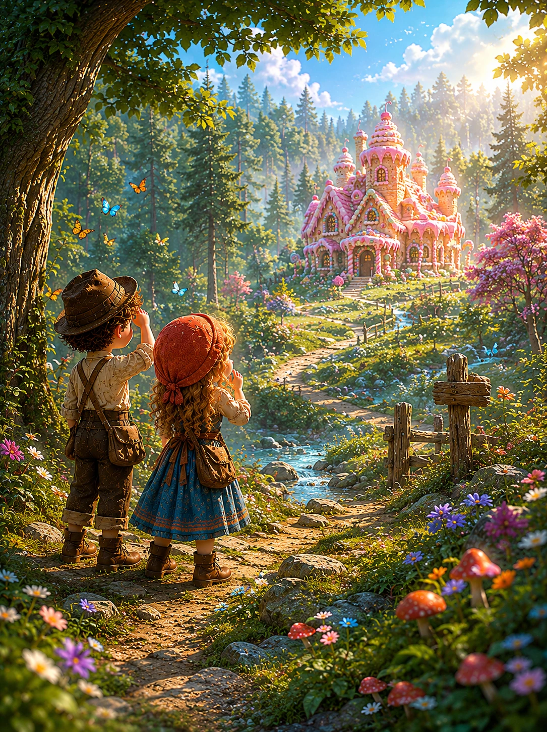 Hansel ile Gretel, ağaçların arasından uzakta görünen şeker evi fark ediyor.