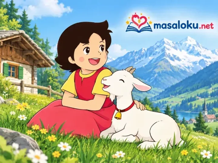 Dağ çayırında oturan Heidi, beyaz bir keçiyi severken