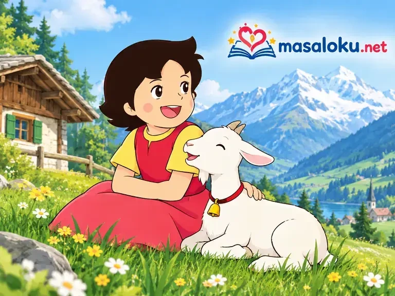 Dağ çayırında oturan Heidi, beyaz bir keçiyi severken
