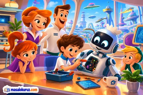 Jetgiller ailesi, robot Rosie’nin açık bakım panelini birlikte inceliyor.