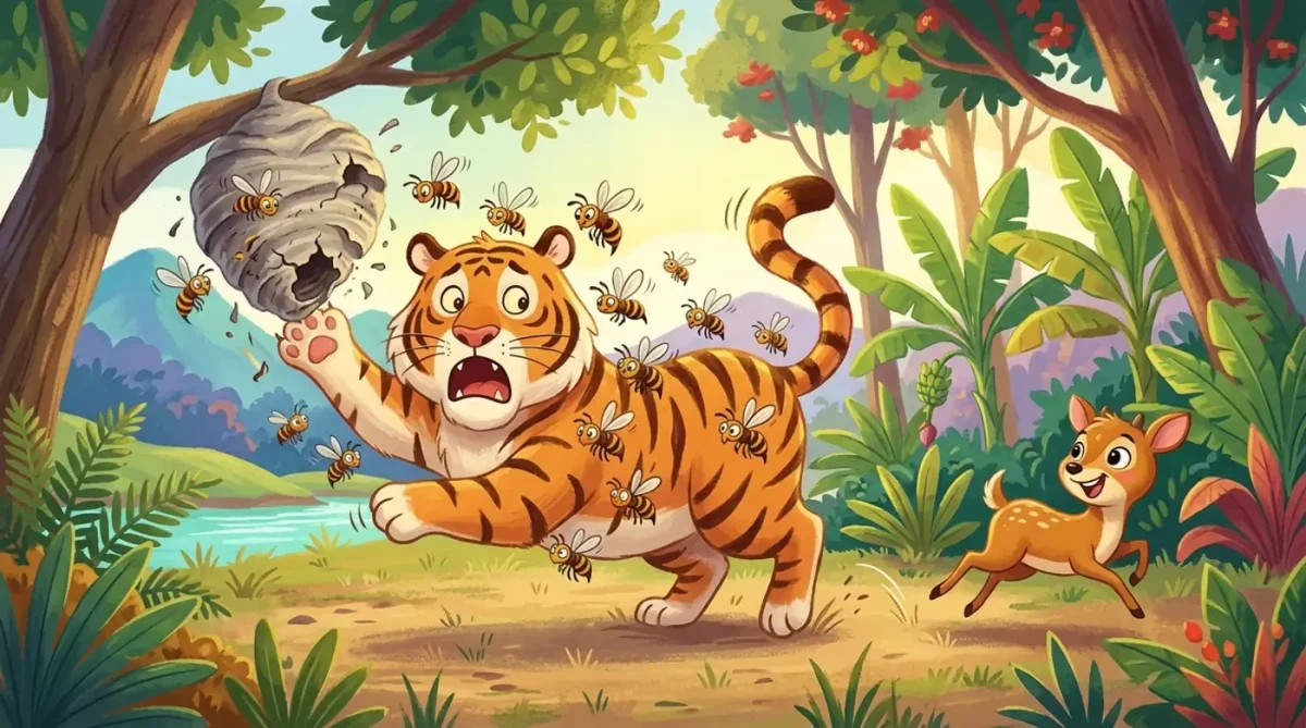 Yaban arılarının saldırısına uğrayan Kaplan, ormanda kaçan Kancil’in peşinde.