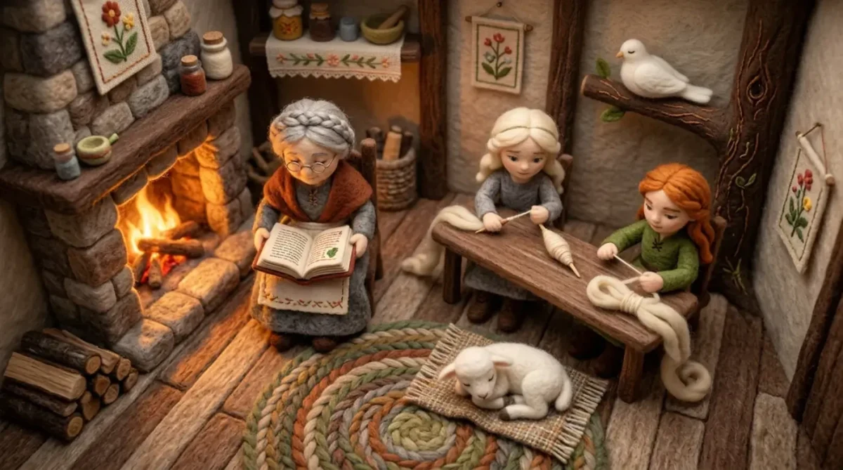 Anne ateşin yanında kitap okurken Kar Beyazı ve Gül Kırmızısı yün eğiriyor; bir kuzu ve güvercin de odada.