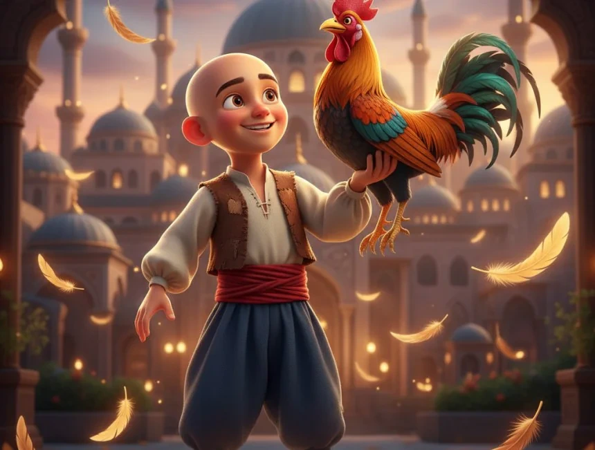 Keloğlan sarayın önünde renkli horozunu kolunda tutuyor