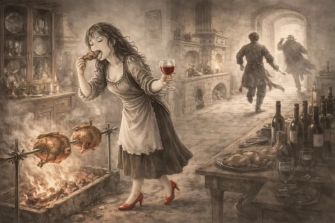 Gretel, kızarmış tavuklardan yerken elinde şarap kadehi tutuyor; arka planda iki kişi mutfaktan kaçıyor.