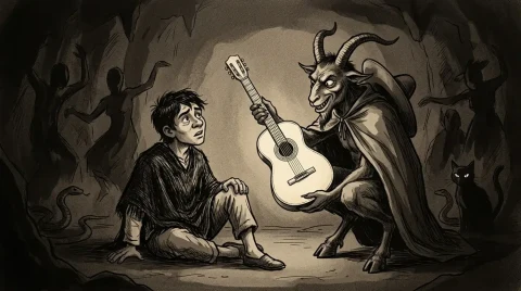La Salamanca mağarasında Nicanor, keçi benzeri mağara sahibinin uzattığı parlak gitarın karşısında oturuyor.