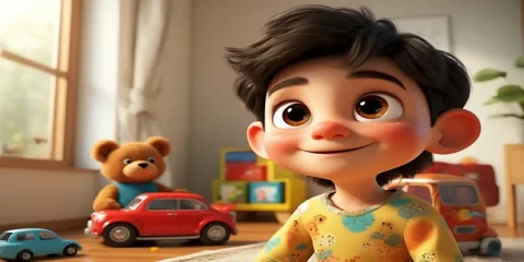 Oyuncaklarının yanında gülümseyen küçük Mert