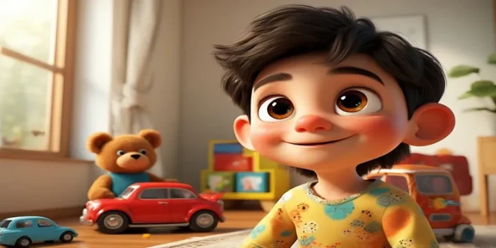 Oyuncaklarının yanında gülümseyen küçük Mert