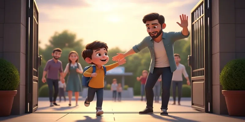 Mete okul çıkışında babasına doğru koşuyor