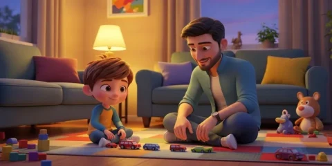 Mete ve babası Mahmut evde oyuncak arabalarla oynarken