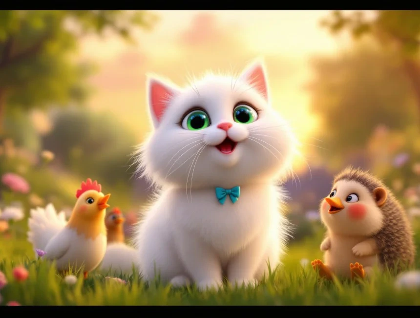 Çimenlikte oturan beyaz kedi Mırmıris’in yanında tavuklar ve bir kirpi