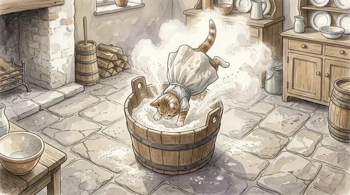 Moppet, mutfaktaki un fıçısına atlayarak saklanıyor.