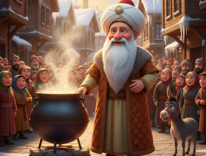 Nasreddin Hoca ve kasabalılar, karlı meydanda kaynayan kazanın çevresinde toplanmış