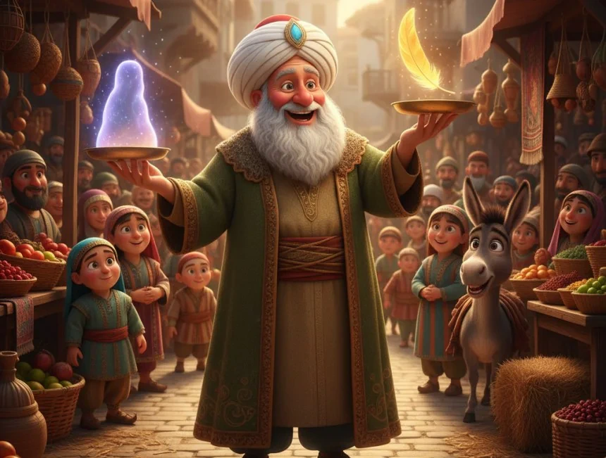 Akşehir çarşısında Nasreddin Hoca, çevresindeki çocuklar ve yanında duran eşek