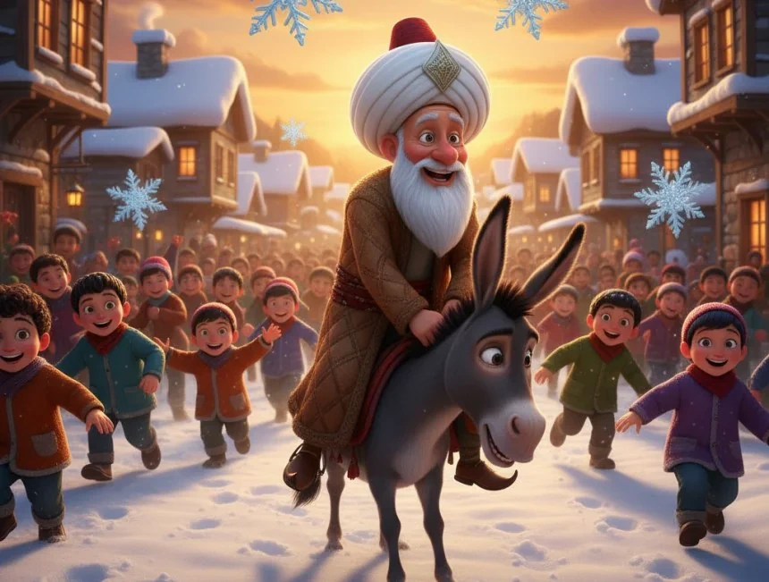 Nasreddin Hoca eşeğine binmiş, çocuklar karlı sokakta gülerek peşinden koşuyor