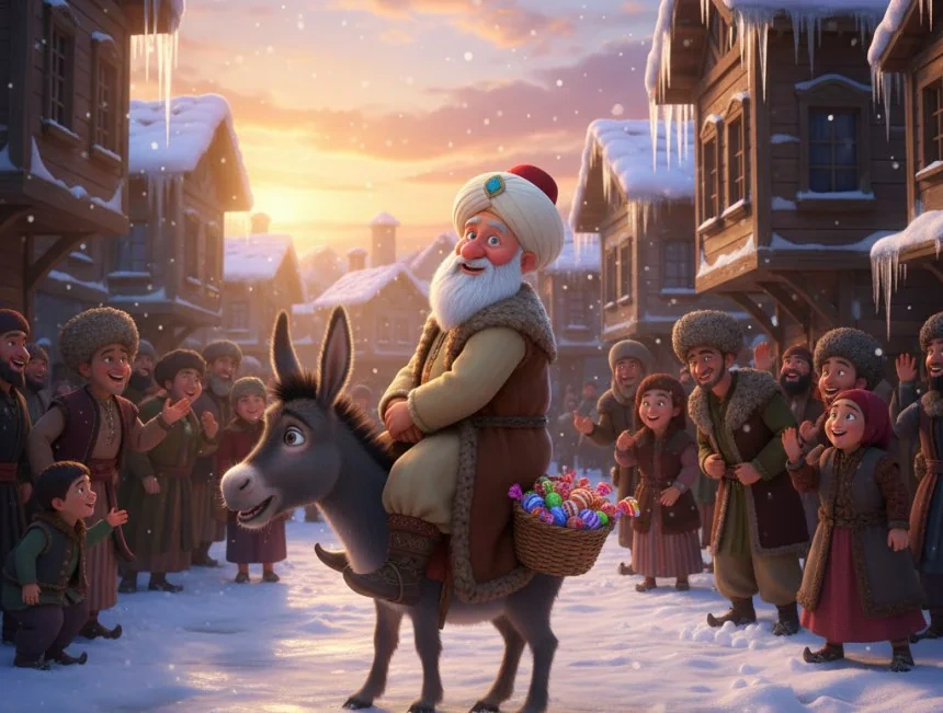 Nasreddin Hoca eşeğine ters binmiş, karlı Akşehir sokağından geçiyor