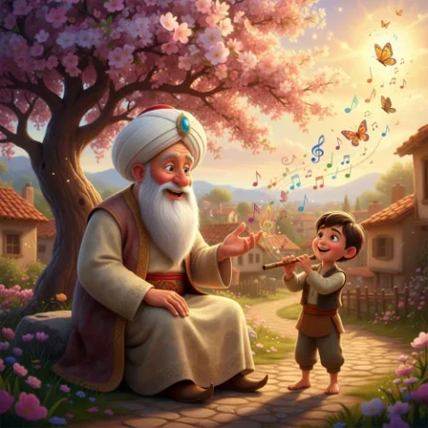 Nasreddin Hoca ile kaval çalan çocuk, Akşehir’de çiçekli bir ağacın altında