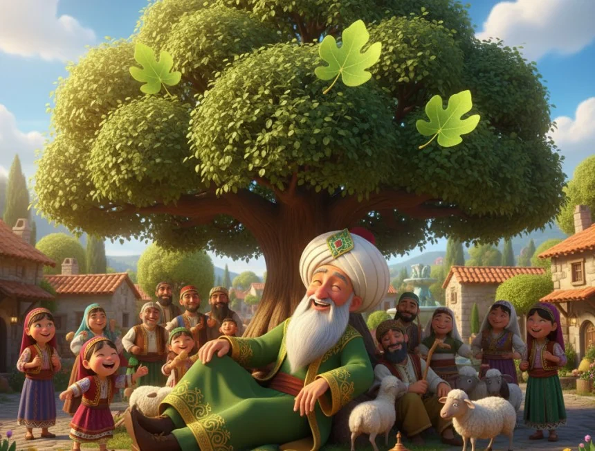 Nasreddin Hoca incir ağacının altında dinleniyor, çevresinde köylüler ve çocuklar bulunuyor