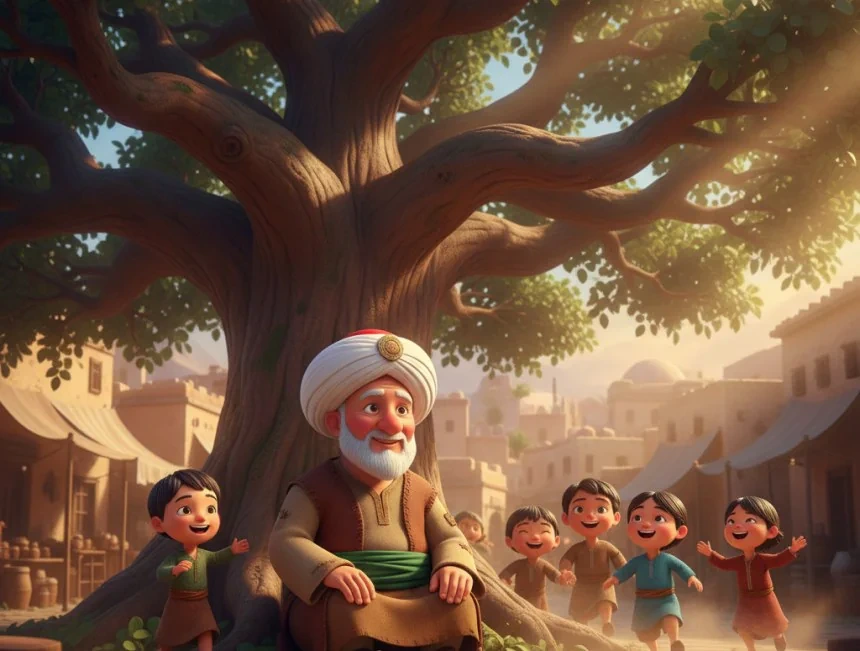 Nasreddin Hoca, büyük bir incir ağacının gölgesinde otururken çocuklar çevresinde oynuyor