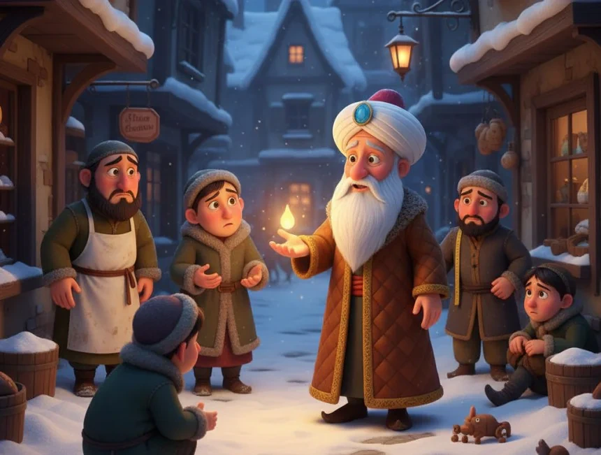 Nasreddin Hoca, karlı sokakta kasabalılarla konuşuyor