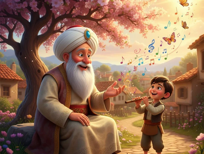 Nasreddin Hoca, Akşehir’de ağaç altında kaval çalan çocuğu dinliyor