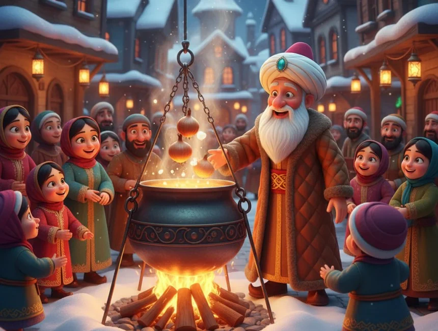 Nasreddin Hoca ve kasabalılar, açık ateş üzerindeki büyük kazanın çevresinde