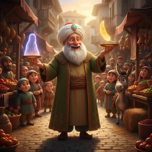 Nasreddin Hoca, Akşehir çarşısında çocuklar ve köylülerle birlikte