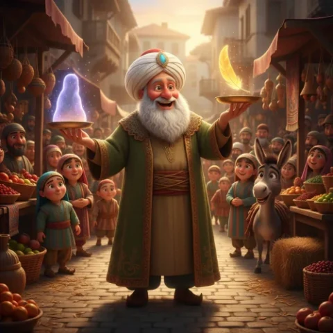 Nasreddin Hoca, Akşehir çarşısında çocuklar ve köylülerle birlikte