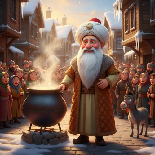 Nasreddin Hoca, karlı Akşehir meydanında kaynayan kazan ve kasabalılarla birlikte