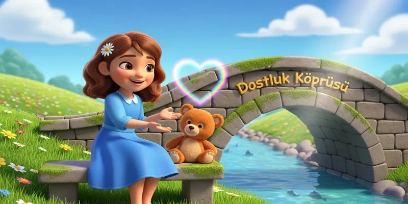 Nehir, Dostluk Köprüsü yanında oyuncak ayıyla oturuyor