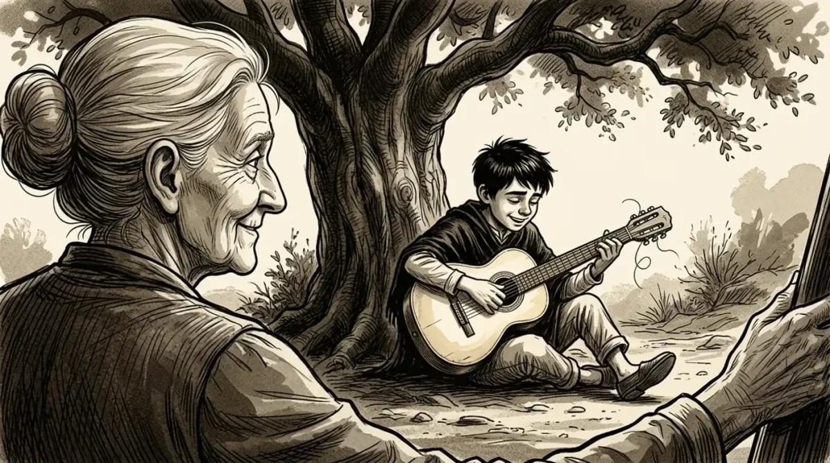Nicanor, gün ışığında büyük bir ağacın altında eski gitarını çalarken büyükannesi onu gülümseyerek dinliyor.